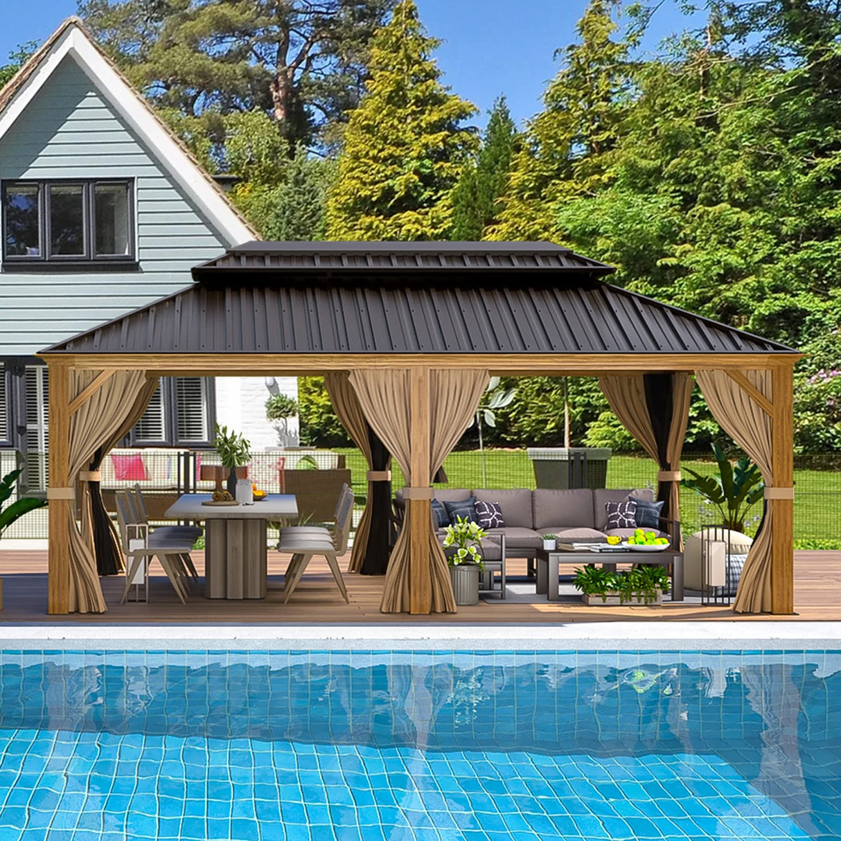 EROMMY 12' x 20' Gazebo, Wooden Finish Coated Aluminum Frame Canopy with Double Galvanized Steel Hardtop Roof, Outdoor Permanent Metal Pavilion with EROMMY