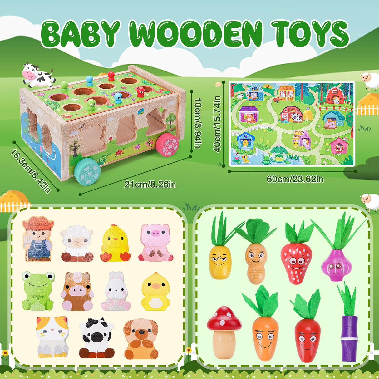 Toddler Montessori Wooden Farm Toys | Babies 12-18 Months Toy with Game Map for 1 2 3 Year Old Boys Girls | 1st First Birthday Gifts for 1-2 Years | KMTJT