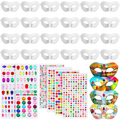 Leyndo 24 Pack Paper Mache Art Masks and 1154 Pcs Gem Stickers Self Adhesive Jewels Stickers Half Face White Craft Masks DIY Blank Masks Set for