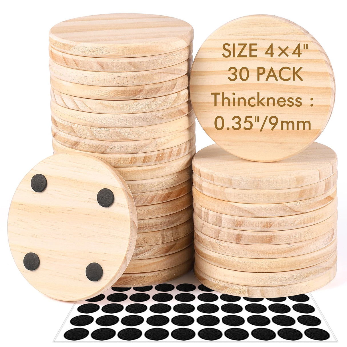 30 Pieces Unfinished Wood Coasters, 4 Inch Round Blank Wooden Coasters for Crafts with Non-Slip Silicon Dots for DIY Stained Painting Wood Engraving Dlerom