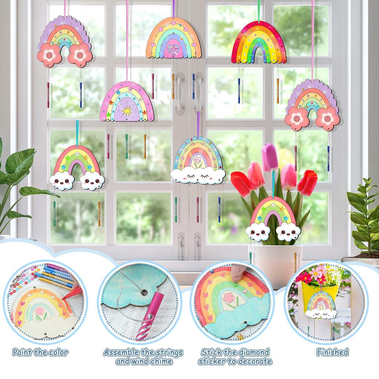 12 Pack Wind Chime Crafts for Kids, Make Your Own Boho Rainbow Wind Chime Kit DIY Coloring Wooden Craft Unfinished Rainbow Wood Ornaments for Girls TREACLUB