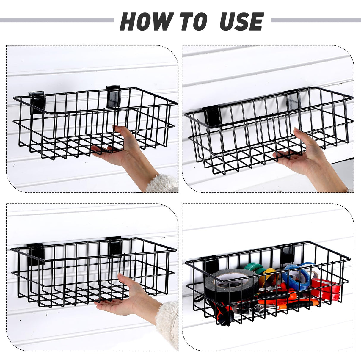 Hicarer 4 Pcs Slatwall Baskets, Large Size Metal Mounted Ventilated Slatwall Baskets Slatwall Panel Hanging Wire Basket Slatwall Accessories for Hicarer