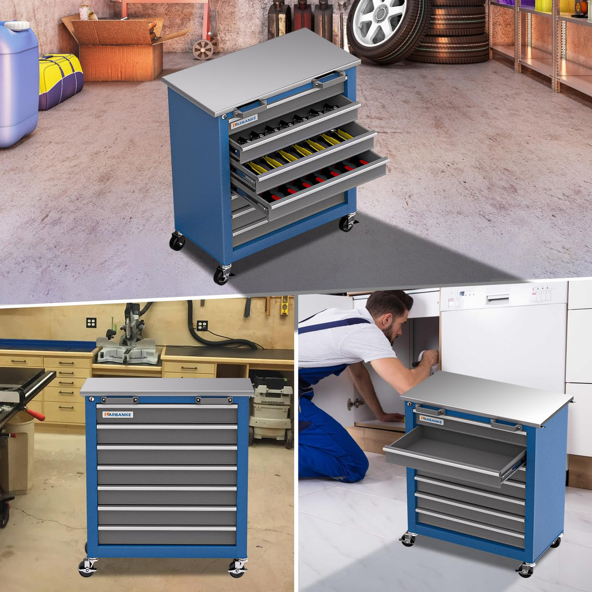 LARBANKE 7-Drawer Rolling Tool Chest with Key Locking System,Tool Chest with 360° Lockable Wheels and Four Padded Feet,can be Formed into a Large LARBANKE