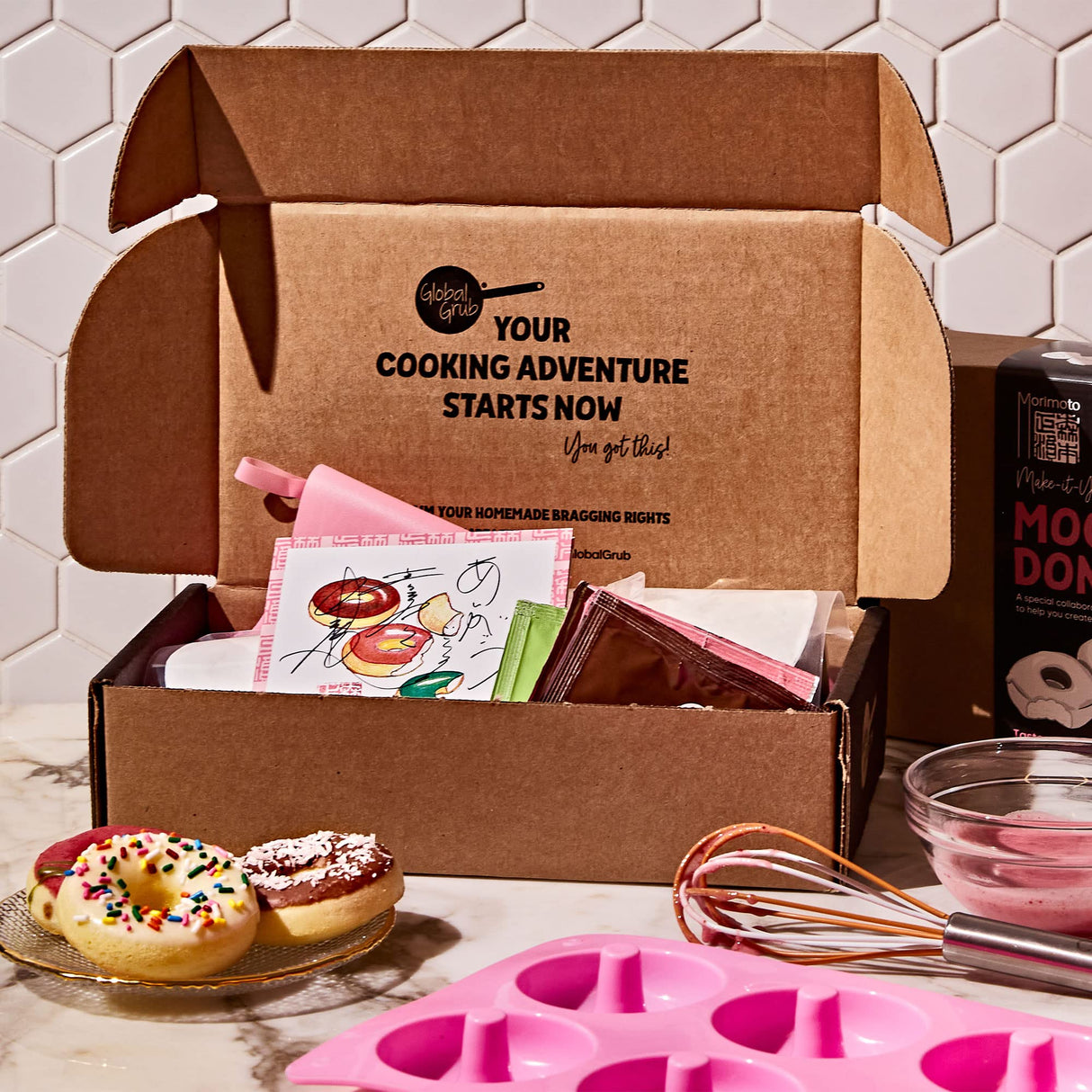 Global Grub DIY Morimoto Mochi Donut Kit - Includes Mochi Donut Mold, Piping Bag, Mochi Flour, Confectioners Sugar, Strawberry, Cocoa & Matcha Green Global Grub