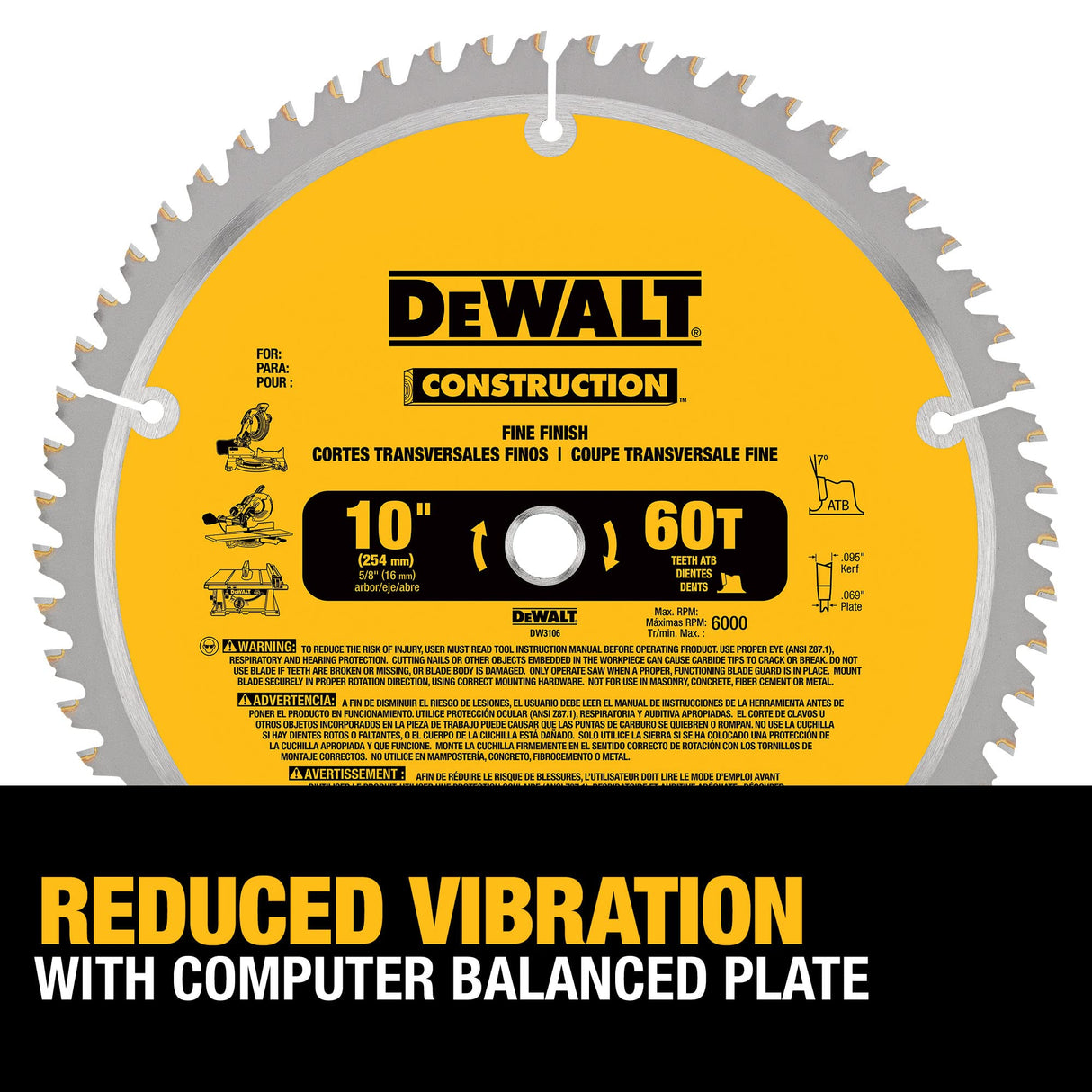 DEWALT 10-Inch Miter / Table Saw Blade, ATB, Thin Kerf, Crosscutting, 5/8-Inch Arbor, 60-Tooth (DW3106) DEWALT