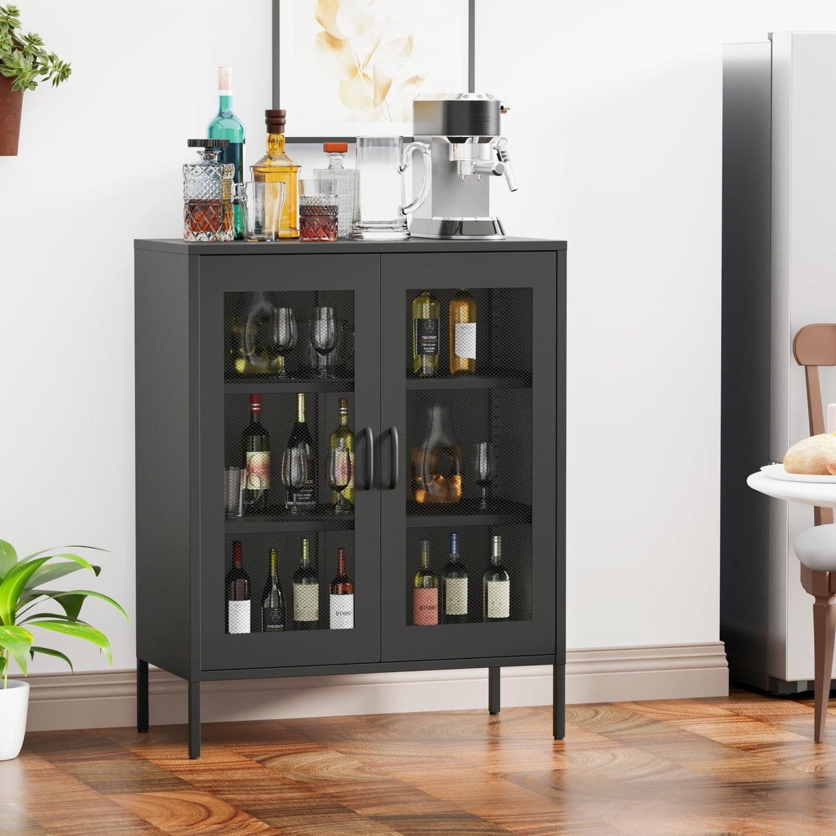 COFaR Black Metal Cabinet,Metal Locker Storage Cabinet with Mesh Doors and Shelves,3-Tier Office Cabinet,Metal Storage Cabinet,Liquor COFaR