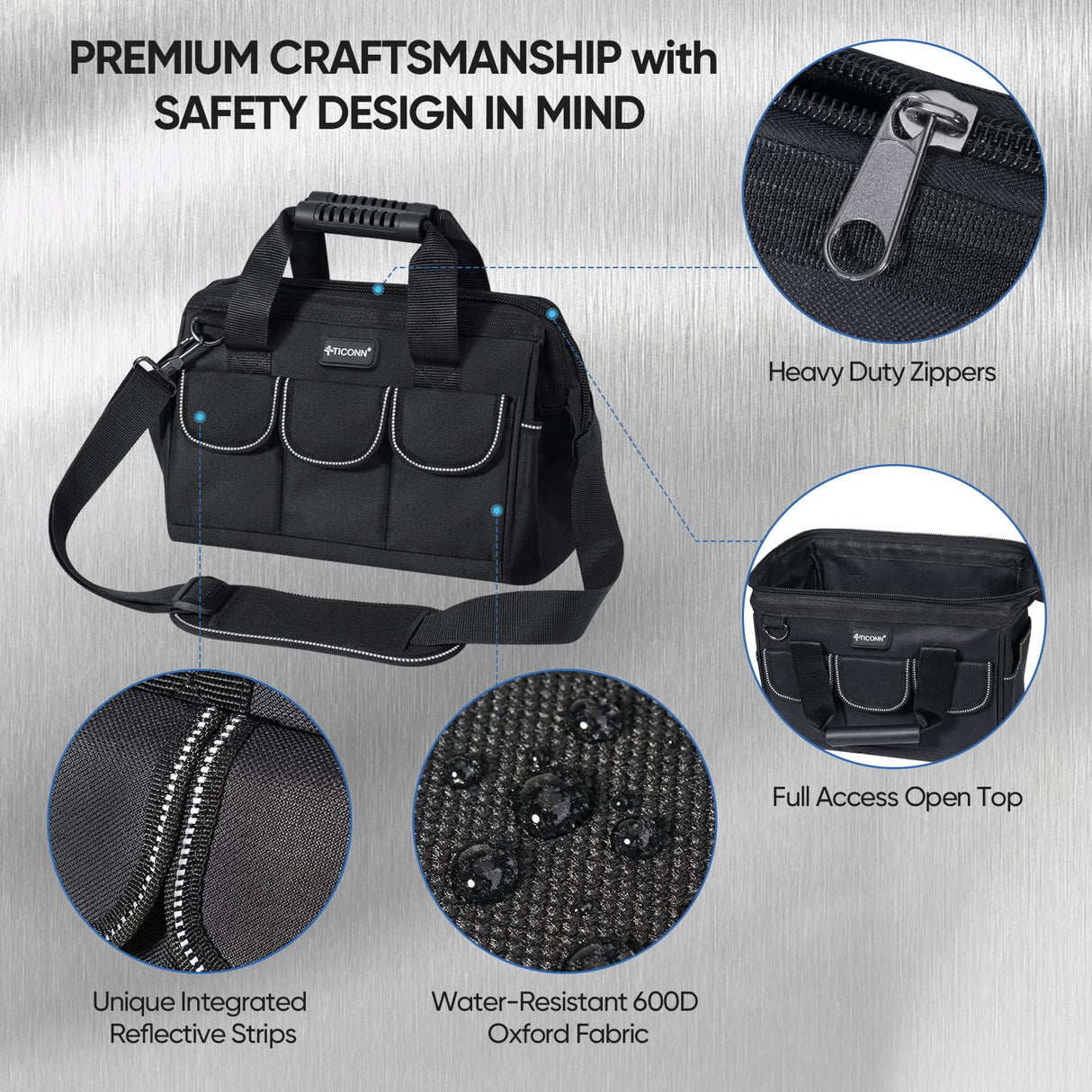 TICONN 12in Tool Bag with Waterproof Soft Bottom, Multi-Pockets Wide Mouth Tool Tote with Safety Reflective Straps, Adjustable Shoulder Strap TICONN