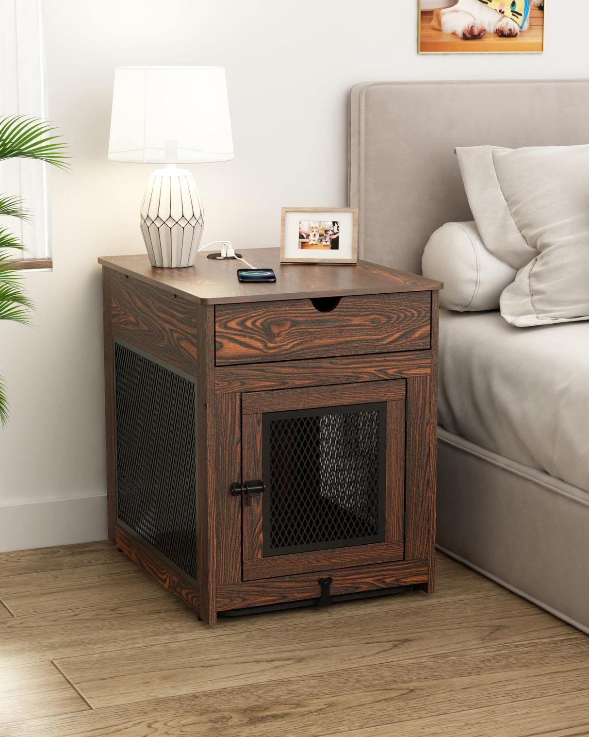 Piskyet Dog Crate Furniture,Wooden Dog Crate End Table with Storage Drawer&Cushion&Tray, QC3.0 Wireless Fast Charging&Dual USB, Dog Crate Indoor Piskyet