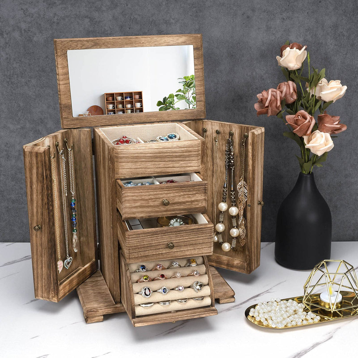 Emfogo Jewelry Box for Women, Rustic Wooden Jewelry Boxes & Organizers with Mirror, 4 Layer Jewelry Organizer Box Display for Rings Earrings Emfogo