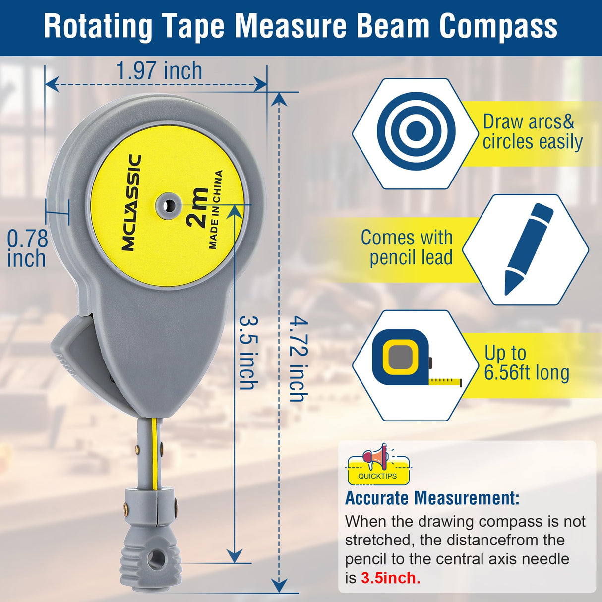 Dreyoo 6.56 ft Rotape Tape Measure Compass with 10 Pencil Leads, Measure Beam Compass for Drawing Circles and Lines, Retractable Circle Drawing Tool Dreyoo