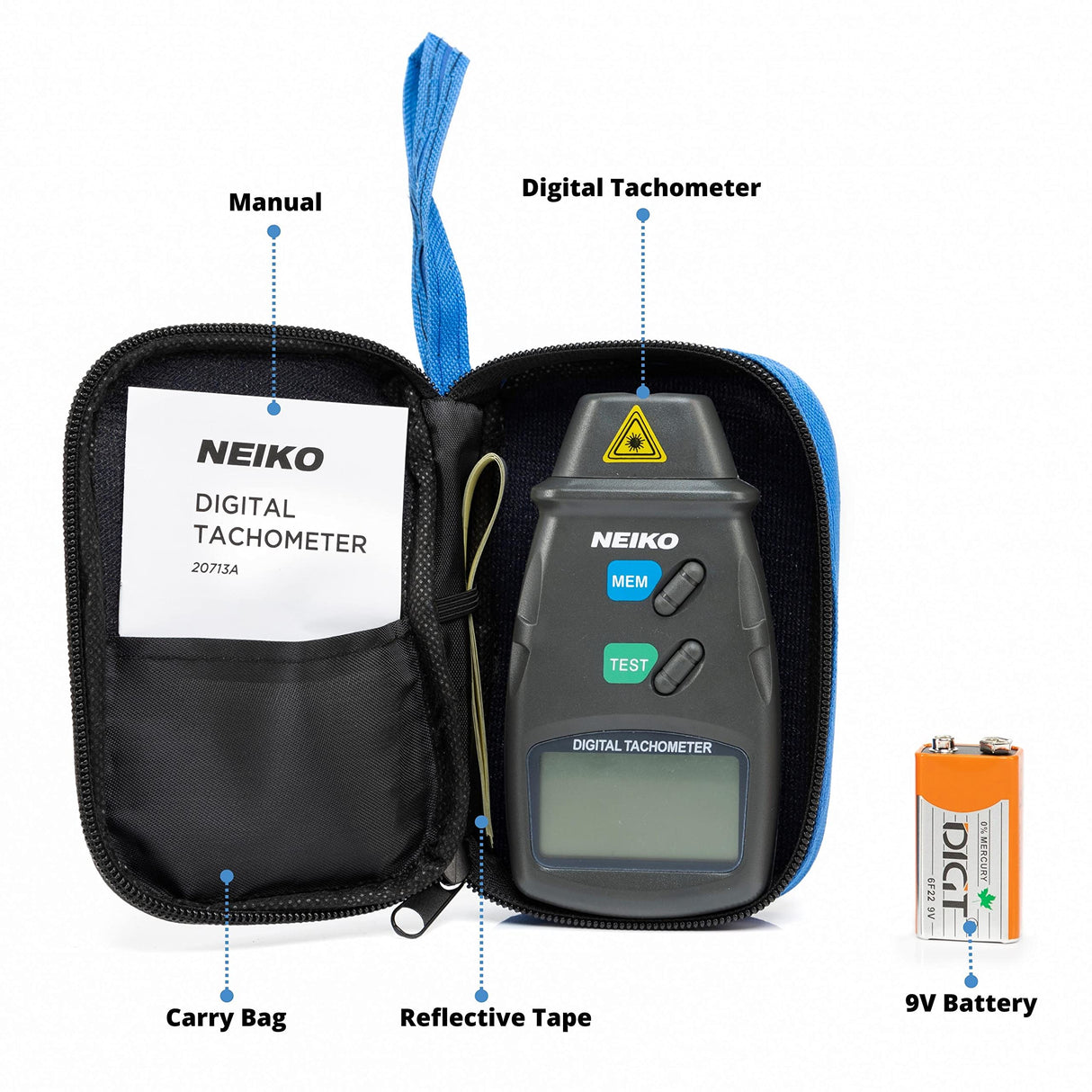 NEIKO 20713A Digital Tachometer, Noncontact Laser Photo Sensor with 2.5 to 99,999 RPM Accuracy, RPM Gauge Marker with Batteries Included NEIKO