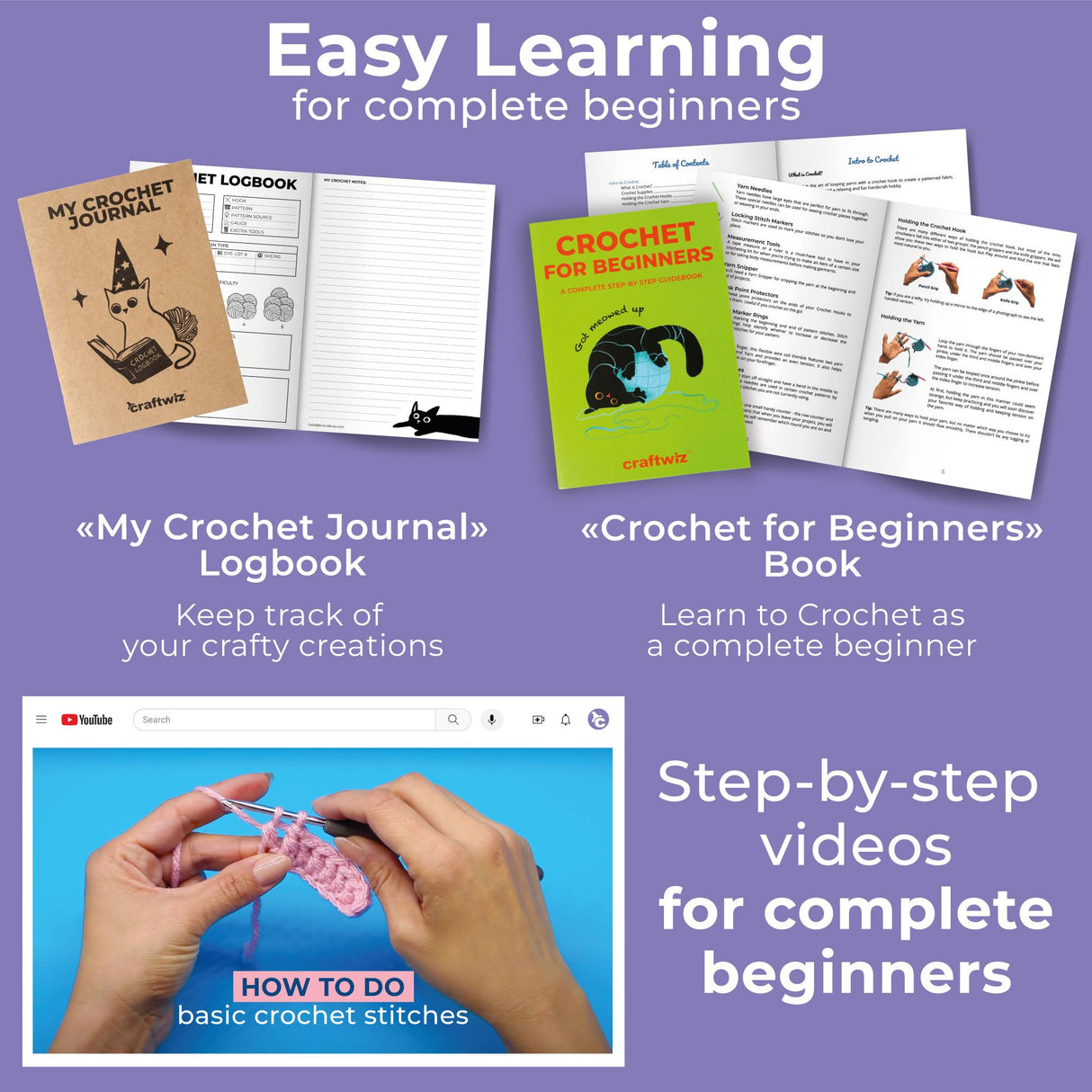 Craftwiz Ultimate Beginner Crochet Kit for Adults and Kids - Learn to Crochet with Complete Crochet Starter Kit - Perfect Crocheting Kit for Craftwiz