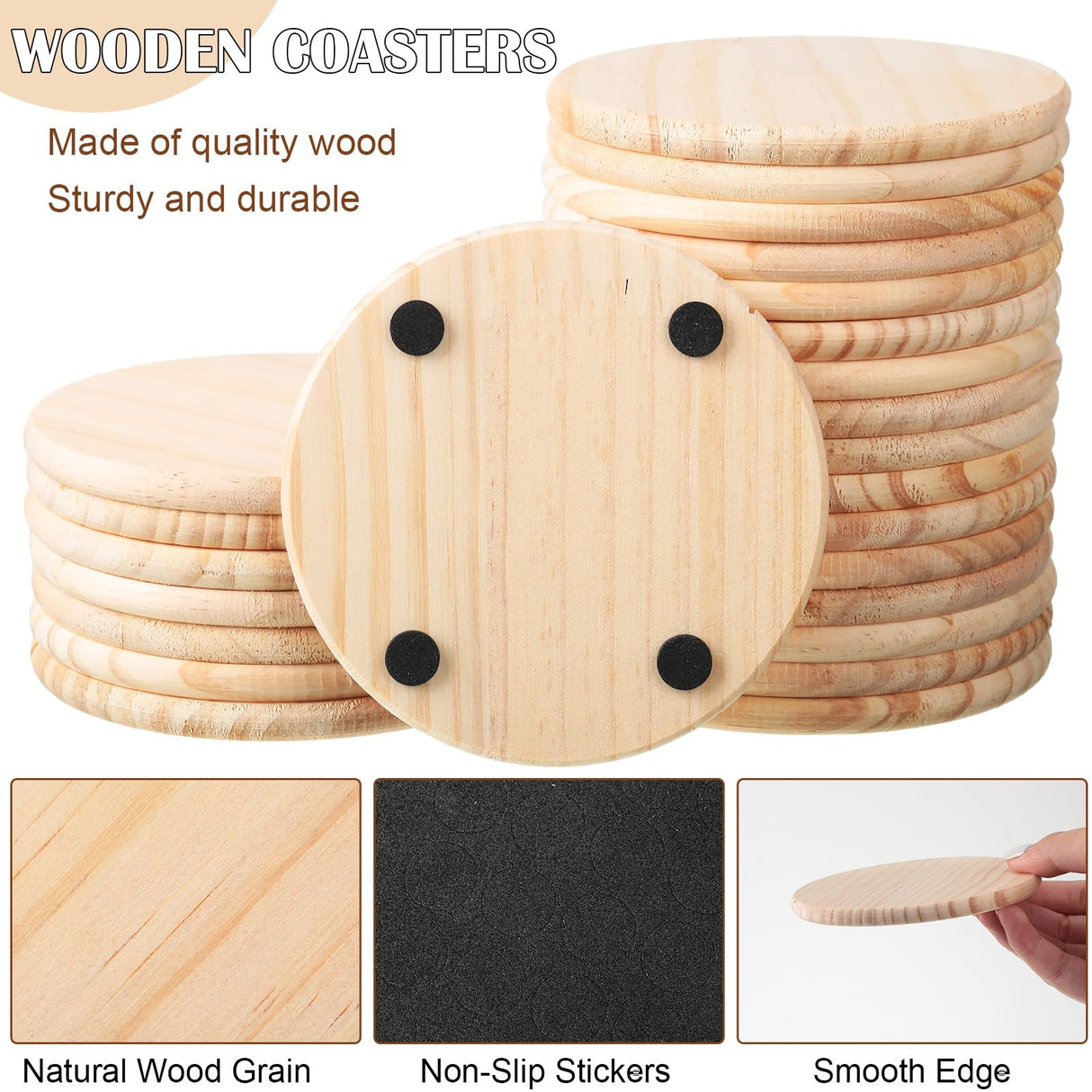 Hushee 72 Pcs Unfinished Wood Coasters 4 Inch Blank Wooden Coasters for Crafts with Non Slip Foam Pad Stickers Wooden Craft Coasters for DIY Stained Hushee