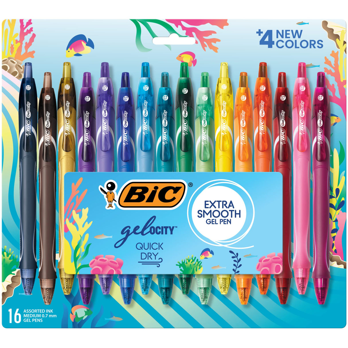 BIC Gel-ocity Quick Dry Ocean Themed Gel Pens, Medium Point (0.7mm), 16-Count Gel Pen Set, Colored Gel Pens for Note Taking and Journaling, Colors BIC