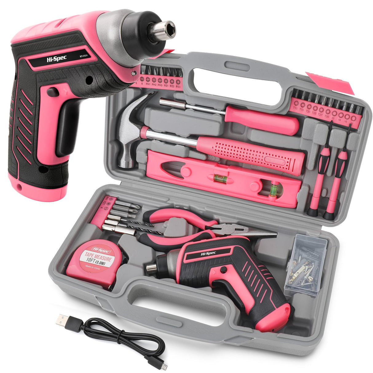Hi-Spec 35pc Pink tool kit with 3.6V USB Electric Screwdriver and drill set. Complete women tool set Hi-Spec