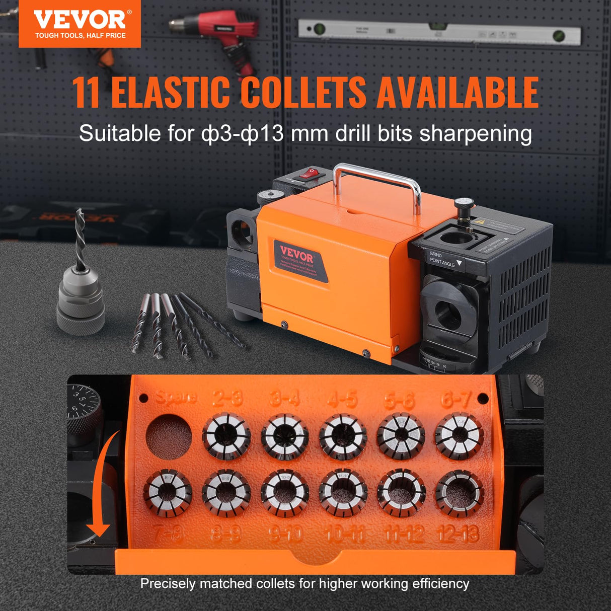 VEVOR Drill Bits Sharpener, 3-13mm End Mill Grinder Sharpener, Lip Relief Angle & 95°-135° Point Angle Adjustable Drill Bit Re-Sharpener, Portable VEVOR