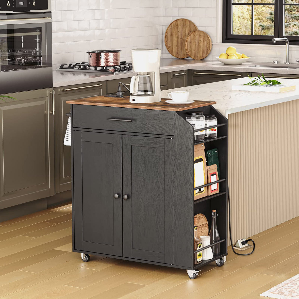 HOOBRO Kitchen Island with Power Outlet, Kitchen Storage Island with Spice Rack and Drawer, Rolling Kitchen Cart on Wheels, for Home, Kitchen and HOOBRO