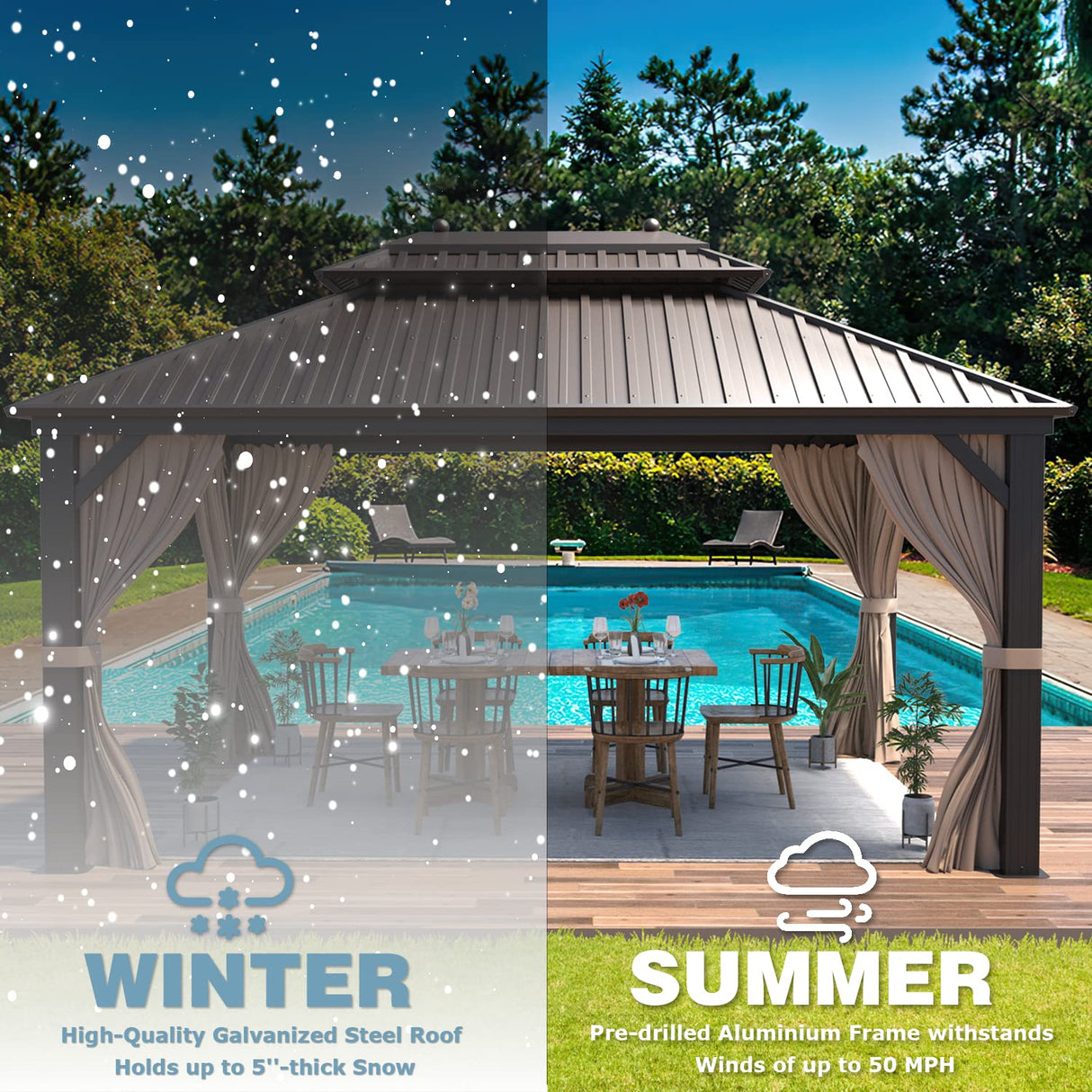 MELLCOM 10' X 13' Hardtop Gazebo Galvanized Steel Outdoor Gazebo Canopy Double Vented Roof Pergolas Aluminum Frame with Netting and Curtains for MELLCOM