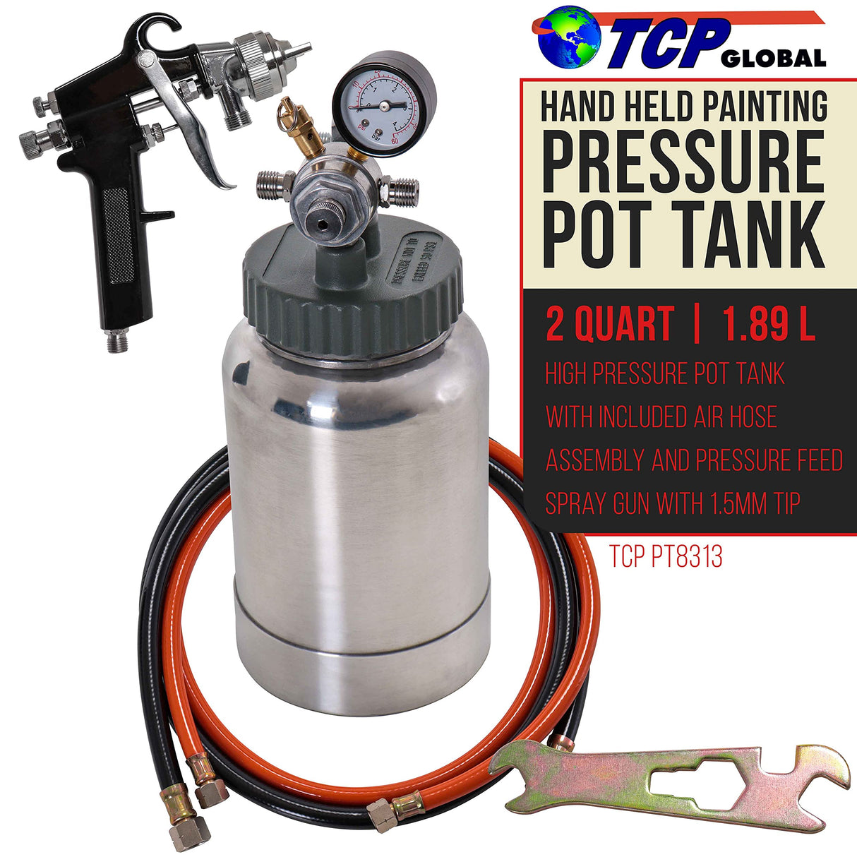 TCP Global 2 Quart Paint Pressure Pot with Spray Gun and 5 Foot Air and Fluid Hose Assembly TCP Global