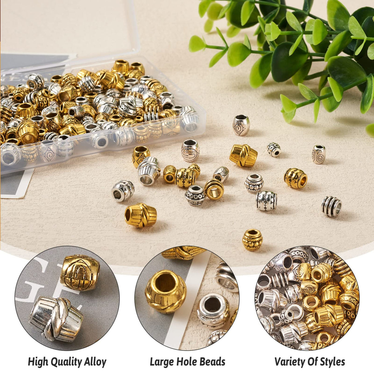 Craftdady 160Pcs Tibetan Alloy Barrel Spacer Beads 16 Styles Large Hole Retreo Metal Barrel Tube European Beads for Jewelry Crafts Making, Hole: Craftdady