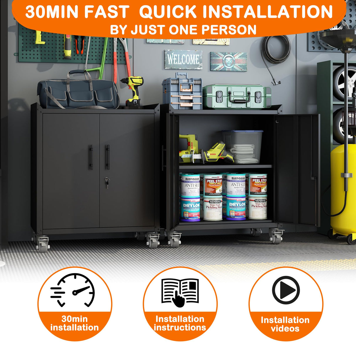 Metal Storage Cabinet with Wheels,Garage Storage Cabinet with Adjustable Shelves and Doors and Lock,Sturdy and Durable Heavy Duty Utility Storage KILISTEELS