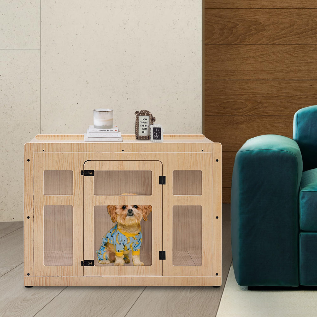 MCombo Wooden Dog Crate Furniture, Dog Kennel Furniture Pet House End Table, Solid Wood Dog Cage Indoor for Small/Medium Dogs, 1421 (Natural) MCombo