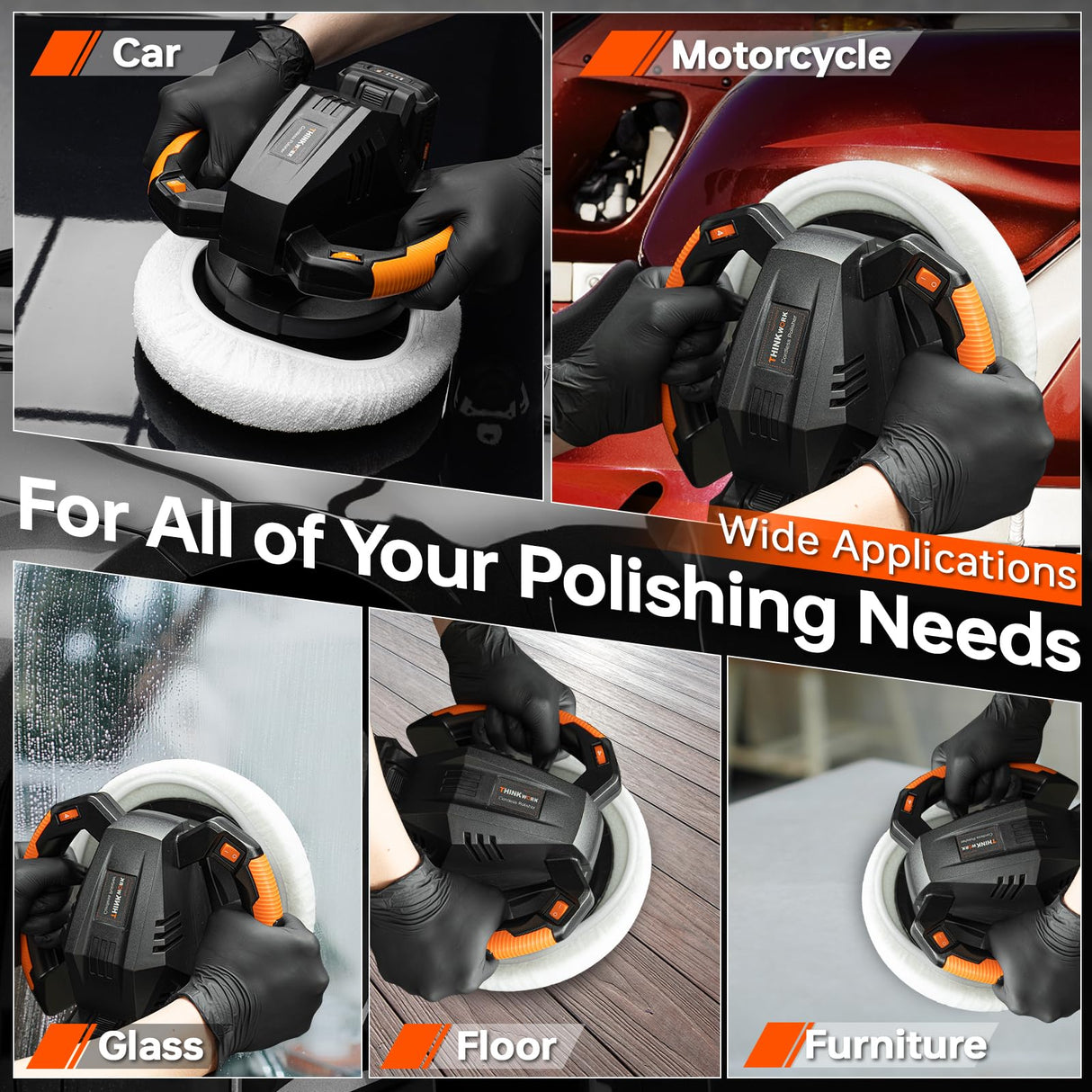 THINKWORK Buffer Polisher, 20V Cordless Buffer Polisher, 10 Inch Portable Polishing Machine Kit for Car, with 2Ah Rechargeable Battery, 6 Variable THINKWORK