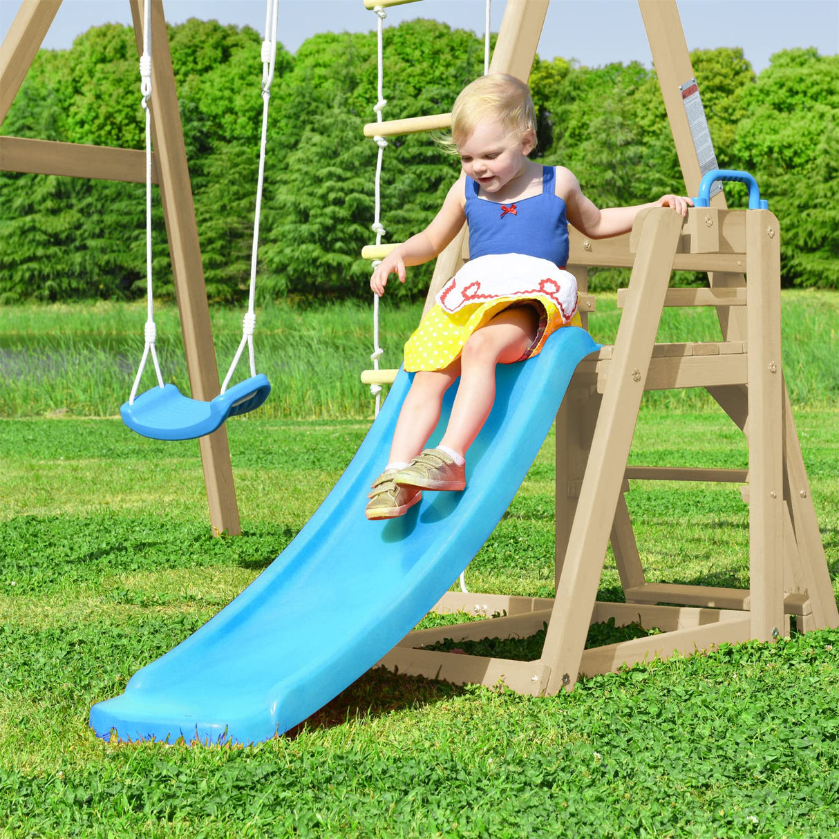 Wooden Swing Set with Slide, Outdoor Playset Backyard Activity Playground Climb Swing Outdoor Play Structure, Ready to Assemble Wooden Swing-N-Slide TURRIDU