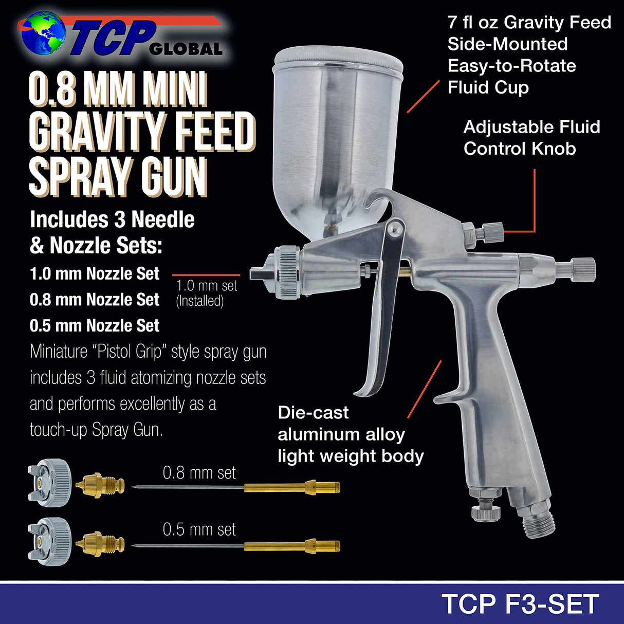 TCP Global Mini Gravity Feed Spray Gun with .8mm, 5mm & 1.0mm Needle & Nozzle Sets & Side Mounted Rotating Cup TCP Global