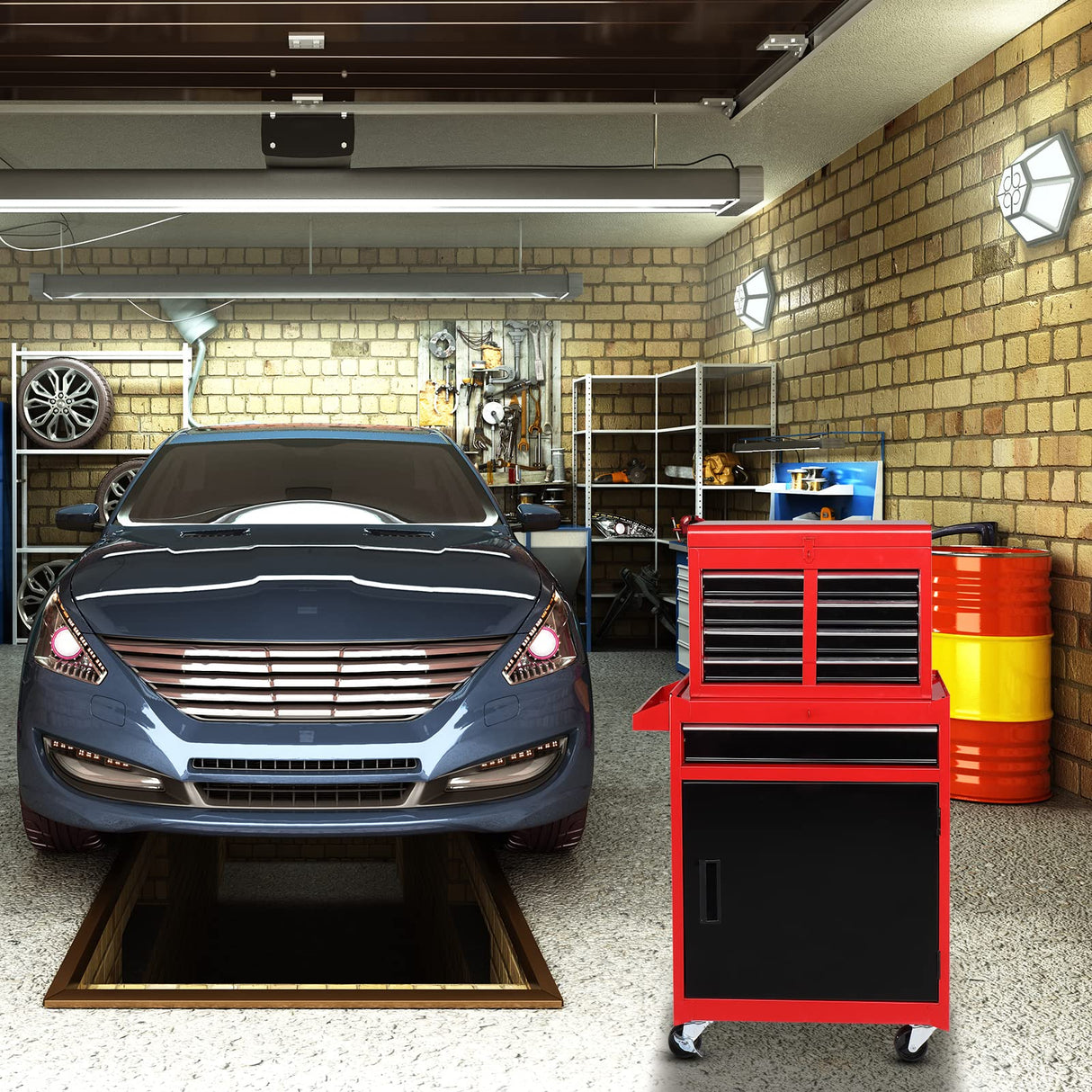 TUFFIOM 5-Drawer Rolling Tool Chest Storage Cabinet w/Drawers, Wheels, Detachable Top & Adjustable Shelf, Mechanic Tool Organizer Box for Garage, TUFFIOM