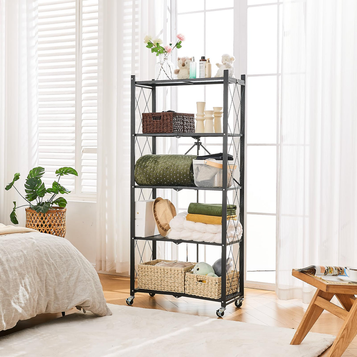 BRIAN & DANY 5-Tier Foldable Storage Shelves with Wheels, Folding Metal Rack Shelving Unit, Heavy Duty No Assembly Organizer Shelf for Garage, BRIAN & DANY