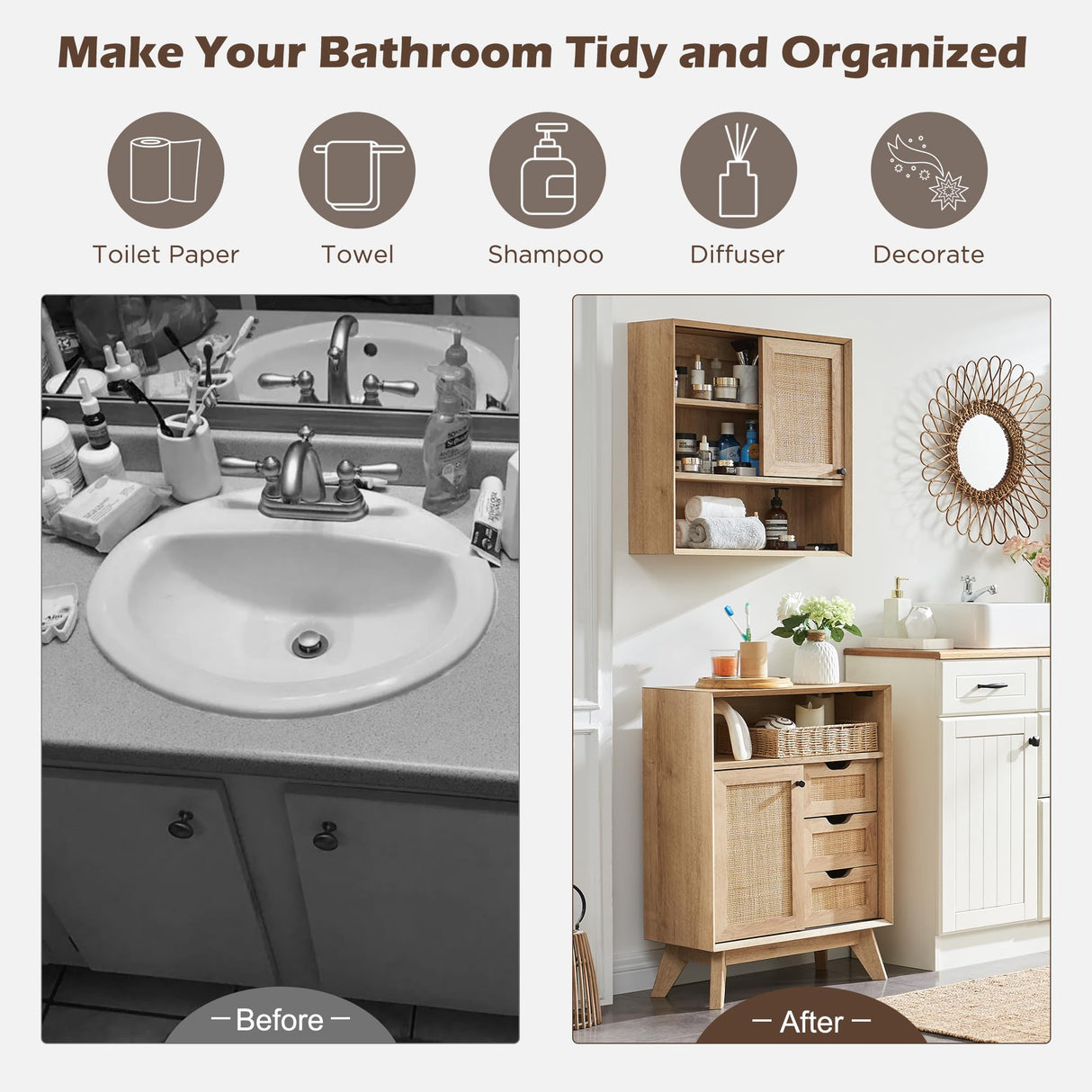 OKD Natural Rattan Bathroom Wall Cabinet, Modern Boho Medicine Cabinet with Sliding Door & Adjustable Shelves, Storage Cabinet Wall Mounted for OKD