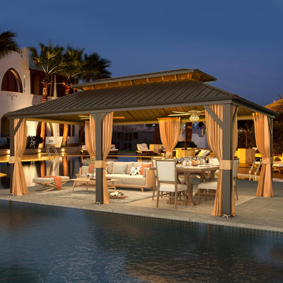 YOLENY 12' x 20' Gazebo, Hardtop Gazebo with Galvanized Steel Roof, Double Roof Gazebo with Aluminum Frame, Outdoor Gazebo with Curtains and