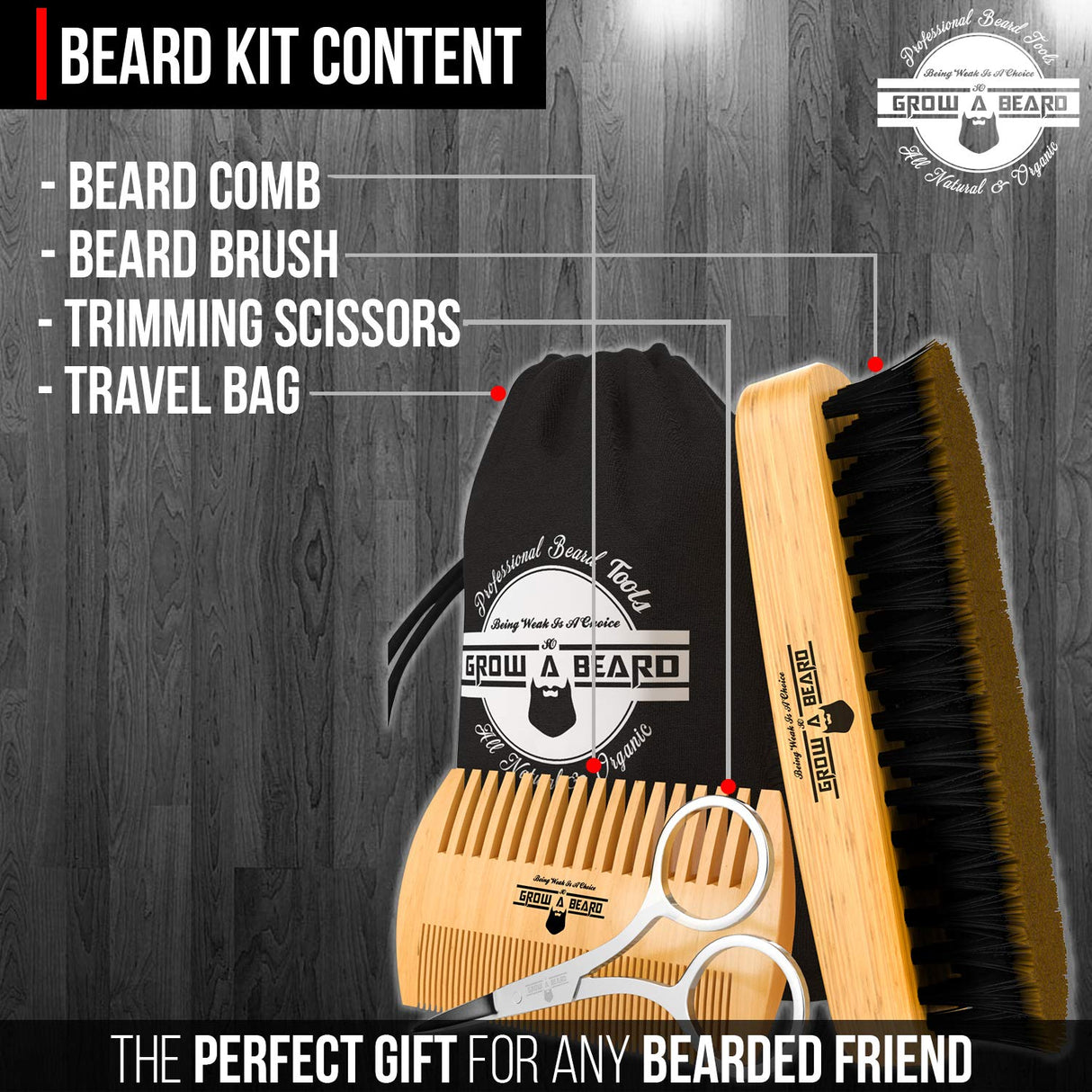 Beard Brush for Men & Beard Comb Set w/Mustache Scissors Grooming Kit, Natural Boar Bristle Brush, Dual Action Wood Comb, and Travel Bag Great for GROW ALPHA BEARD