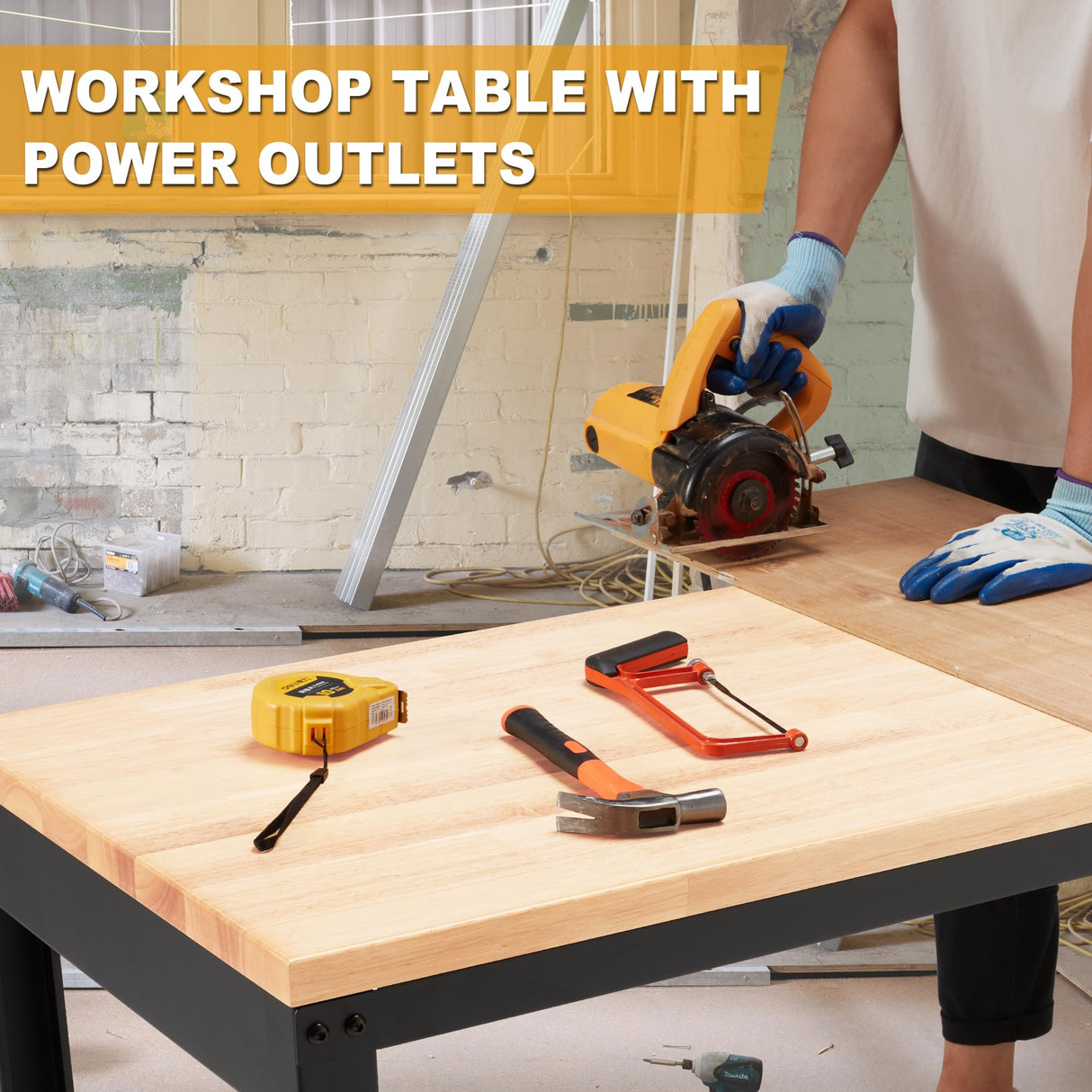 HABUTWAY Height Adjustable Workbench 60“ 2000 Lbs Capacity Oak Wood Work Station Heavy-Duty Work Benches with Power Outlets for Garage Party Shop HABUTWAY