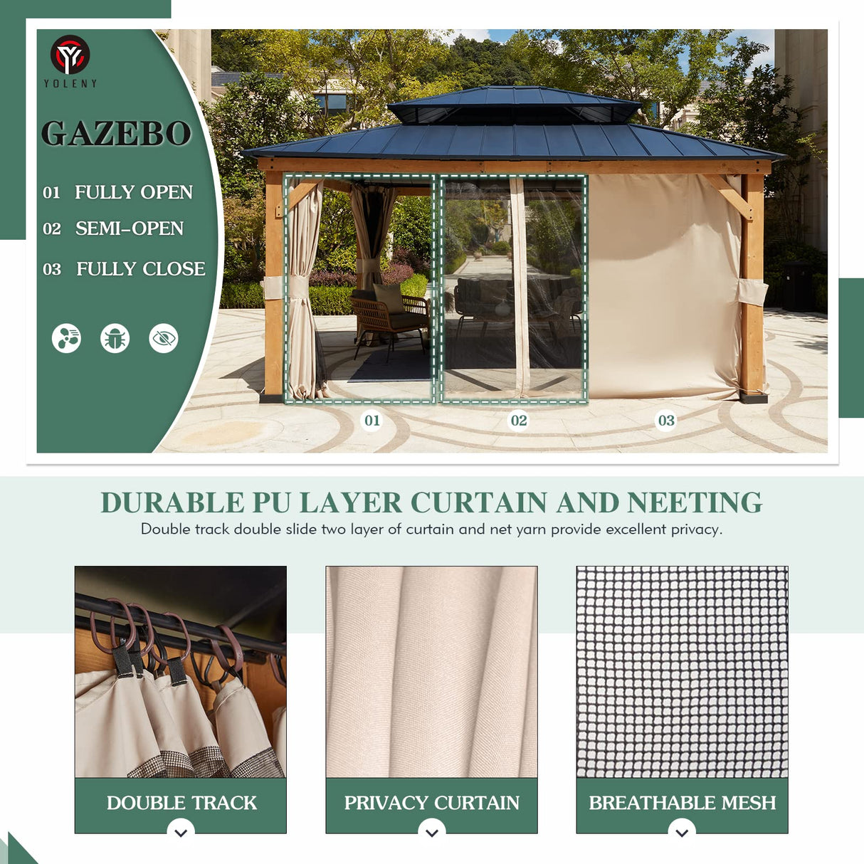 YOLENY 13' x 15' Wood Gazebo, Spruce Frame Outdoor Hardtop Gazebo with Metal Roof, Privacy Curtains and Nettings for Patio, Garden, Backyard YOLENY