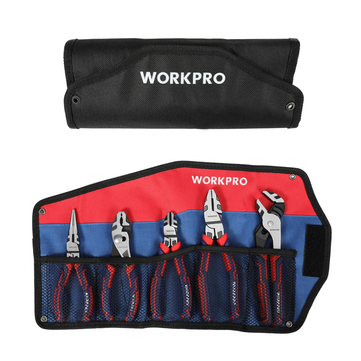 WORKPRO Pliers Set, Premium Cr-V Construction, Includes 6 Inch Slip Joint Pliers, 6 Inch Long Nose, 6 Inch Diagonal Cutting, 8 Inch Groove Joint, 7 WORKPRO