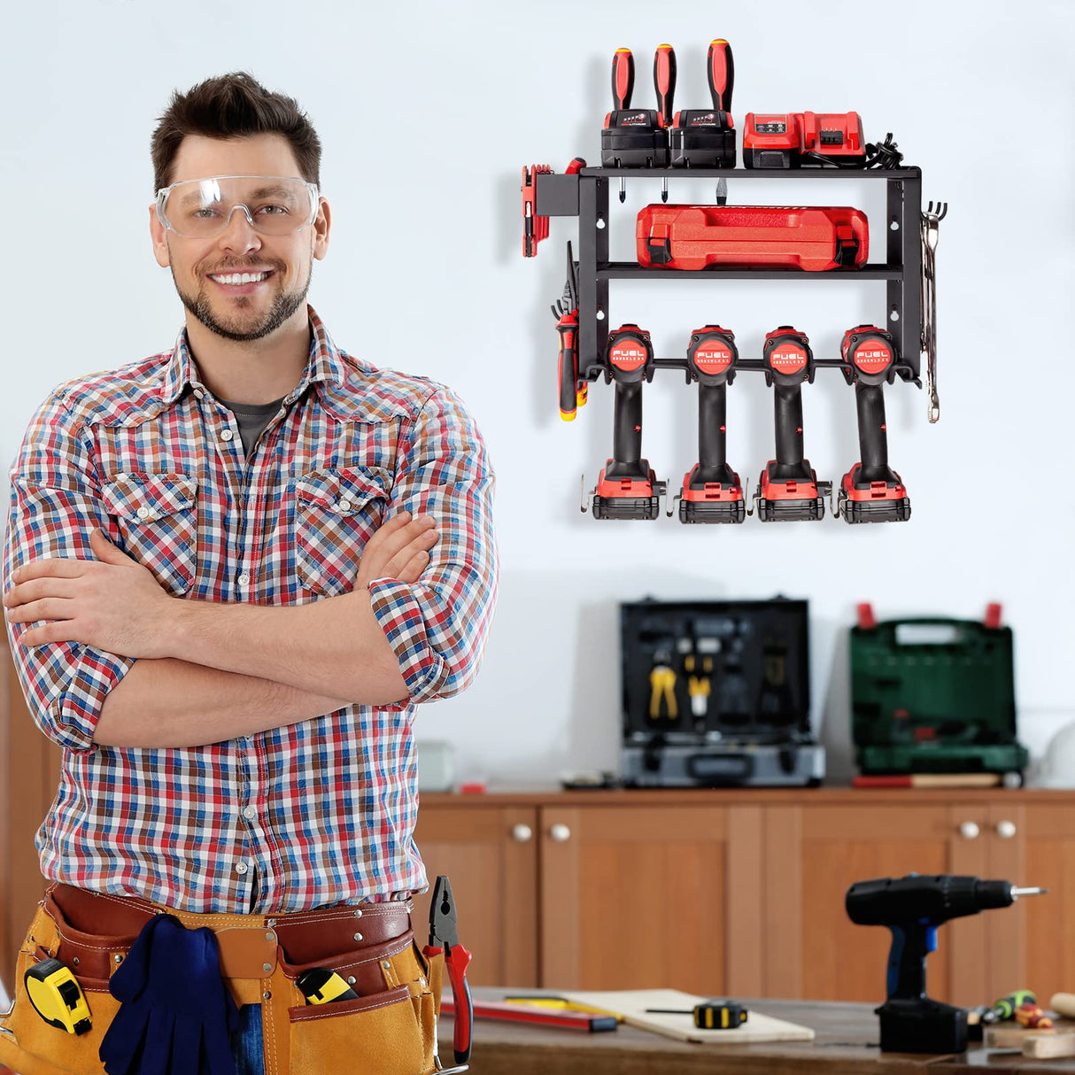 TreeLen Power Tool Organizer Wall Mount, Power Tool Holder 3 Layers Heavy Duty Drill Holder Suitable for Garage, Workshop and Warehouse TreeLen