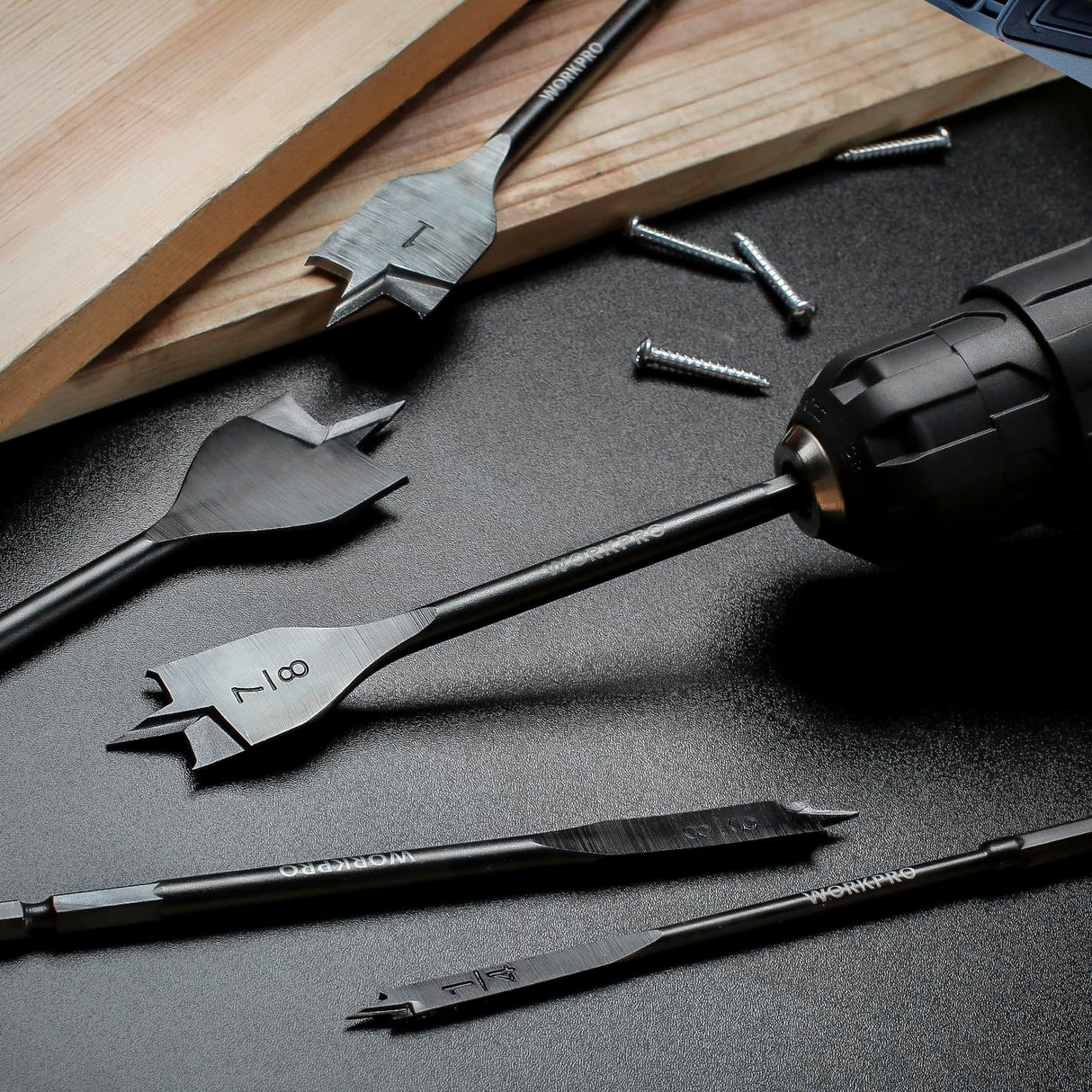 WORKPRO 10-Piece Pro Spade Drill Bit Set- Black Coating, Premium Carbon Steel, Paddle Flat Bits for Woodworking, Assorted Bits 1/4" to 1-1/2" with WORKPRO