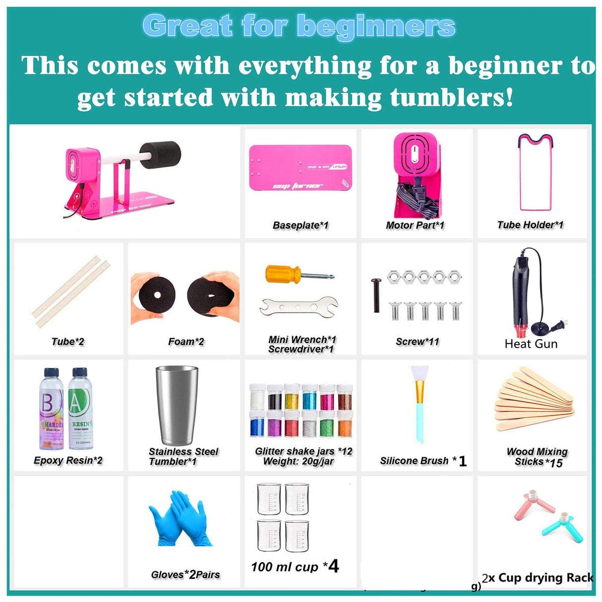 LFSUM Cup Turner for Crafts Tumbler,Tumbler Cup Spinner,Glitter Powder,Epoxy Resin kit for Tumblers for Beginners with Epoxy and Heat Gun (Pink) LFSUM