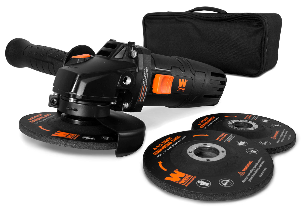WEN 94475 7.5-Amp 4-1/2-Inch Angle Grinder with Reversible Handle, Three Grinding Discs, and Carrying Case, Black,orange WEN