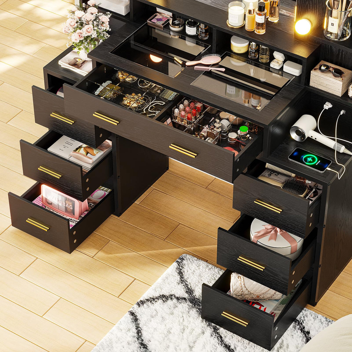 HAUOMS Glass Top Makeup Vanity with Mirror and Lights, Vanity Desk with Power Strip & 10x Magnifying Mirror, Vanity Table with Compartment Stoarge HAUOMS