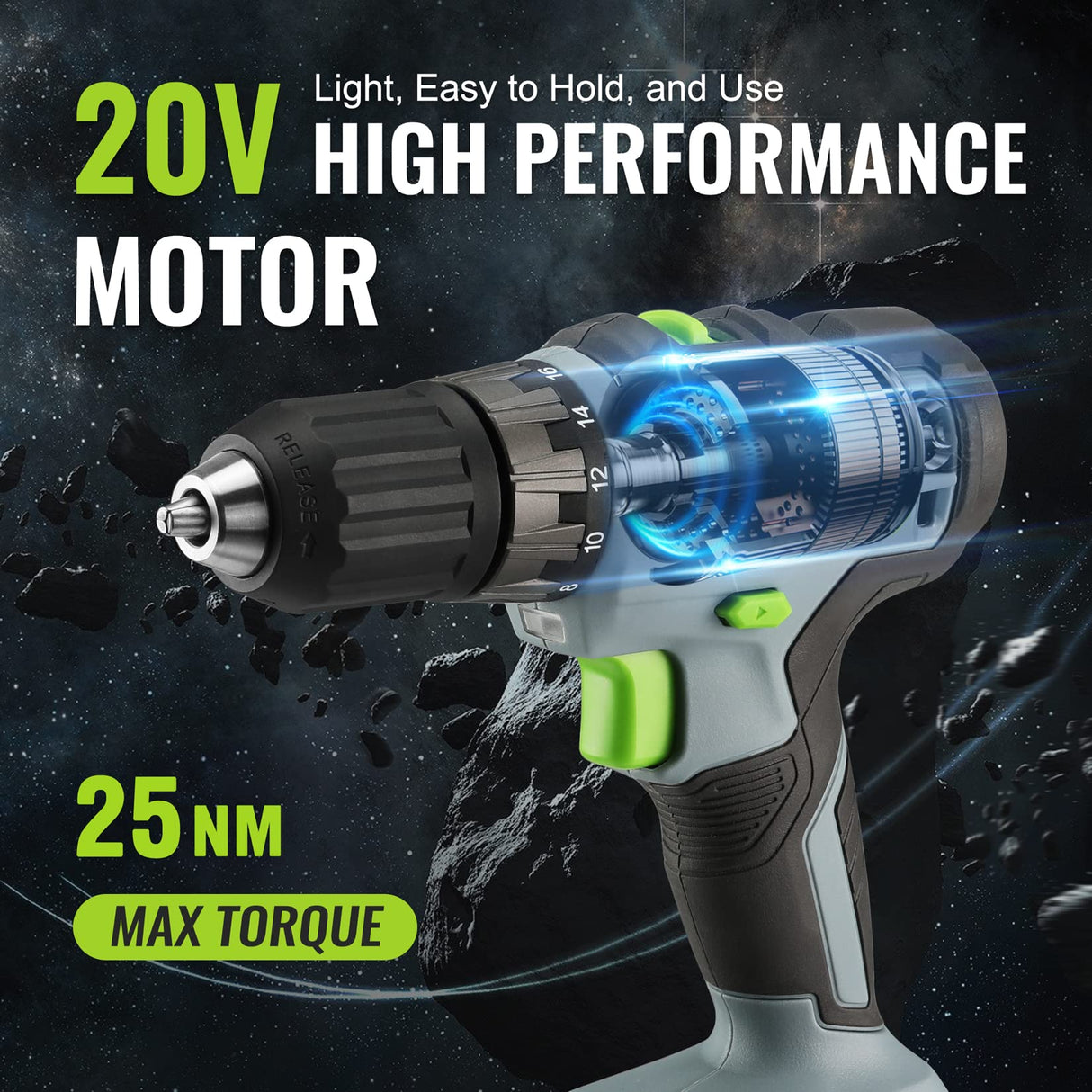 WORKPRO 20V Cordless Drill Driver Kit, 3/8'' Keyless Chuck, 2.0 Ah Li-ion Battery, 1 Hour Fast Charger and 11-inch Green Storage Bag Included WORKPRO