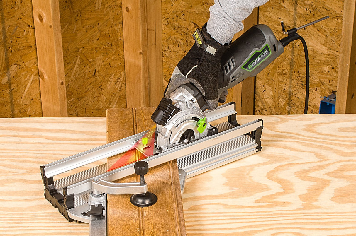 Genesis GPCS535CK 5.8 Amp 3 1/2” Control Grip Plunge Compact Circular Saw Kit with Laser, Miter Base, 3 Assorted Blades, Vacuum Adapter Hose, Rip Genesis