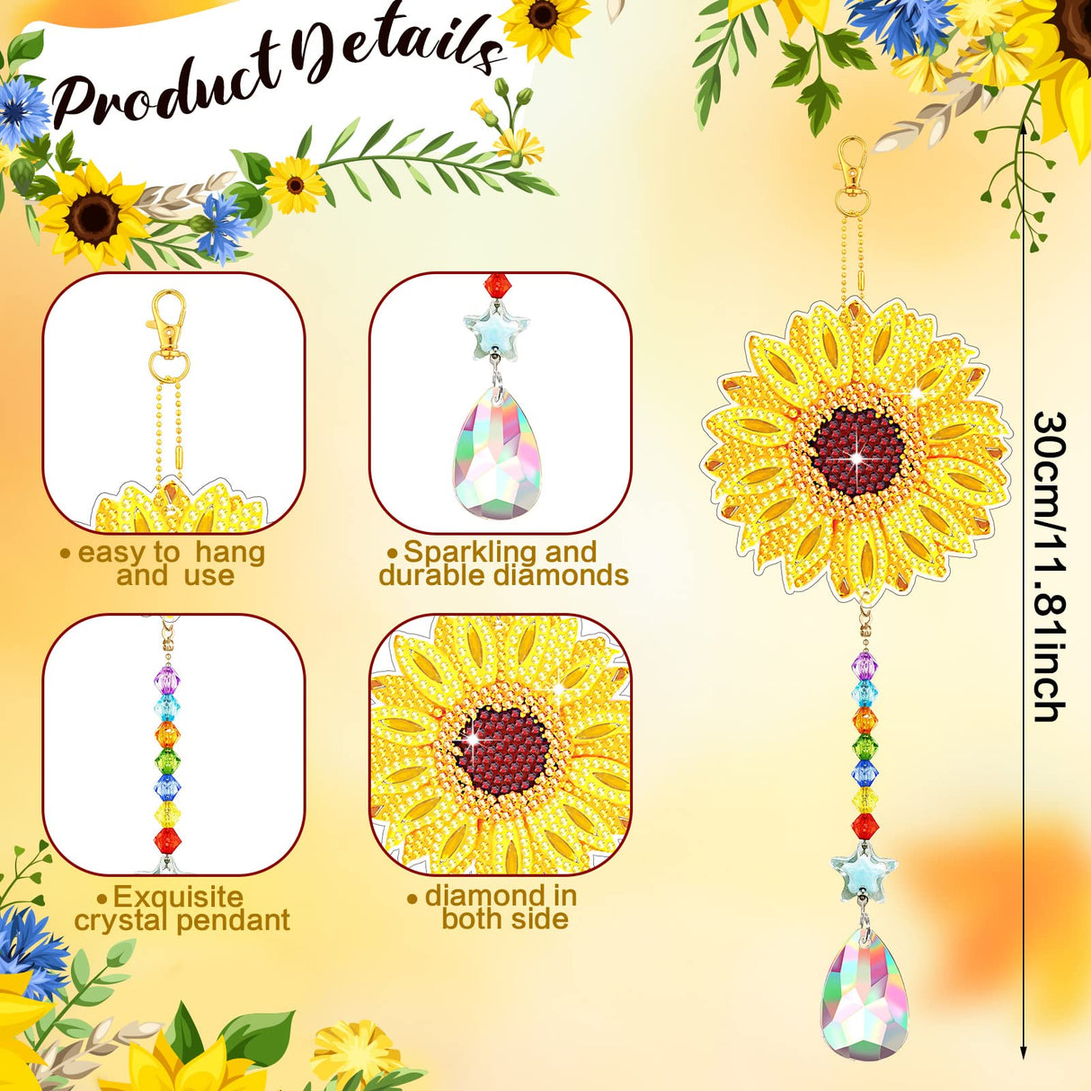 Tradder 6 Pcs 5D Sunflower Wind Chimes Kit Double Sided Butterfly Ornaments with Pendant for Summer Home Garden Hanging Ornament (2) Tradder