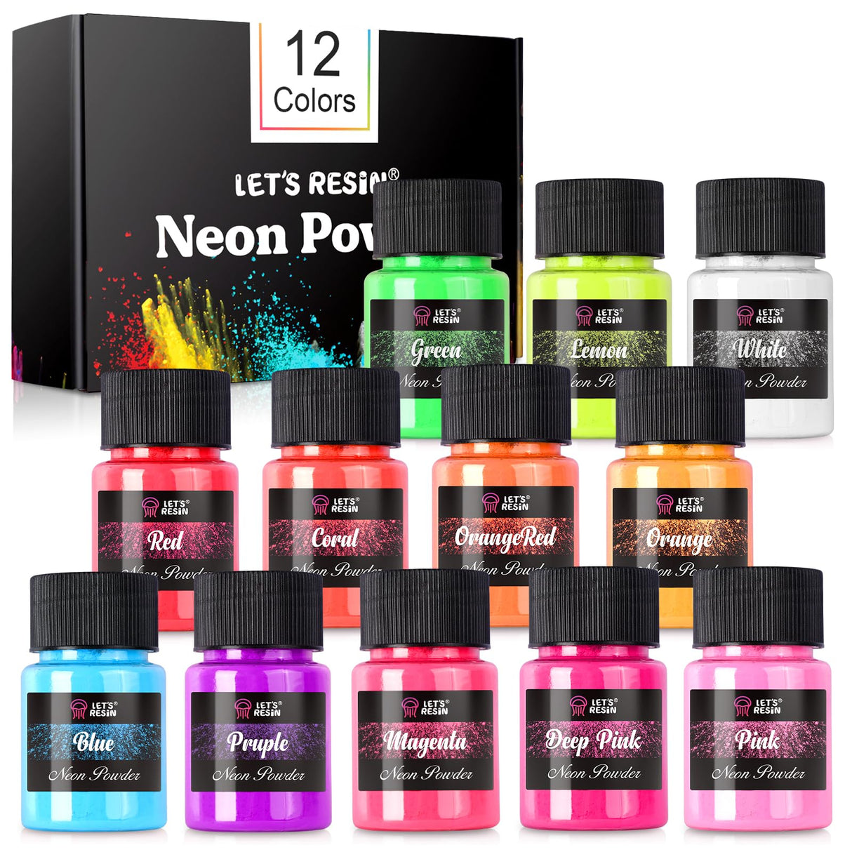 LET'S RESIN Neon Pigment Powder,12Colors Fluorescent Powder,10g/Bottle of Mica Powder for Epoxy Resin,Nail,Tumblers,Soap Making,Slime & LET'S RESIN