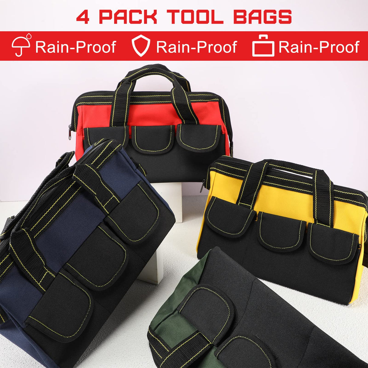 4 Pieces Tool Bag with Waterproof Strong Molded Base Multi Pockets Wide Mouth Tool Tote Multifunctional Tool Bag Large Capacity Organizer Heavy Duty Cunno