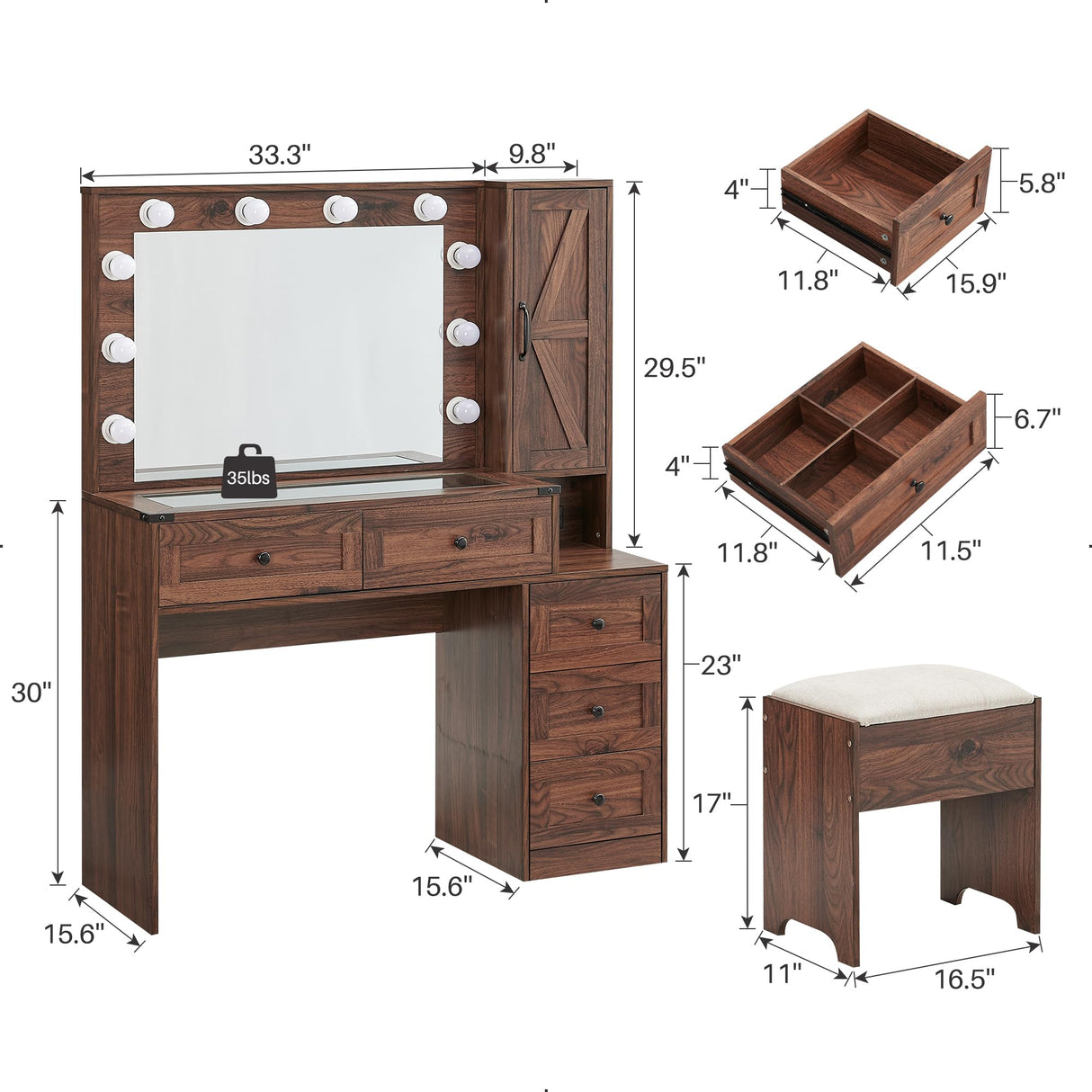 JXQTLINGMU Farmhouse Vanity Makeup Desk with Charging Station, 43" W Vanity Desk with Lights Mirror and Drawers for Makeup, Big Modern Makeup Vanity JXQTLINGMU