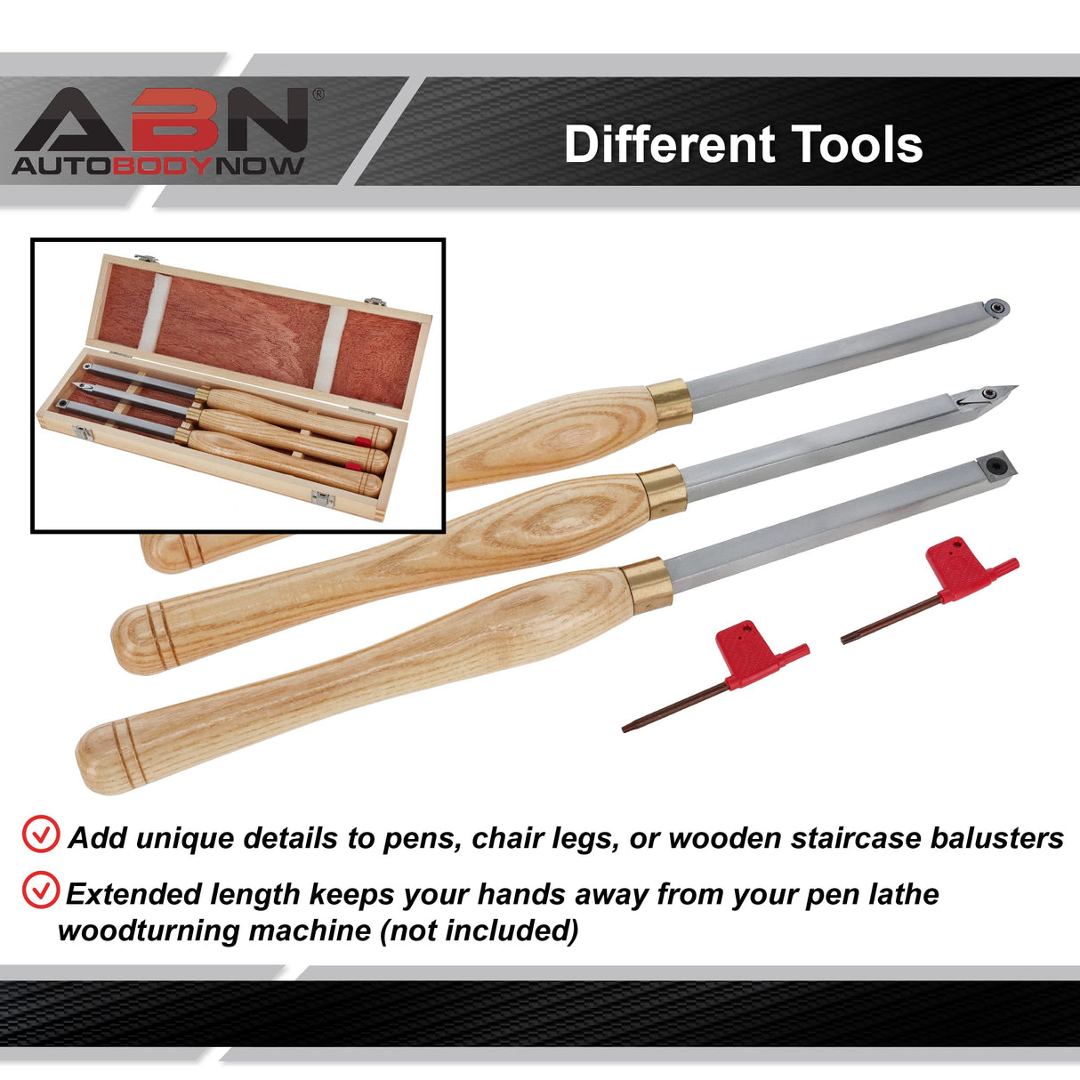ABN Woodturning Carbide Lathe Tools - 3pc Long Handle Woodworking Texturing Carbide Tip Wood Turning Tools for Lathe ABN