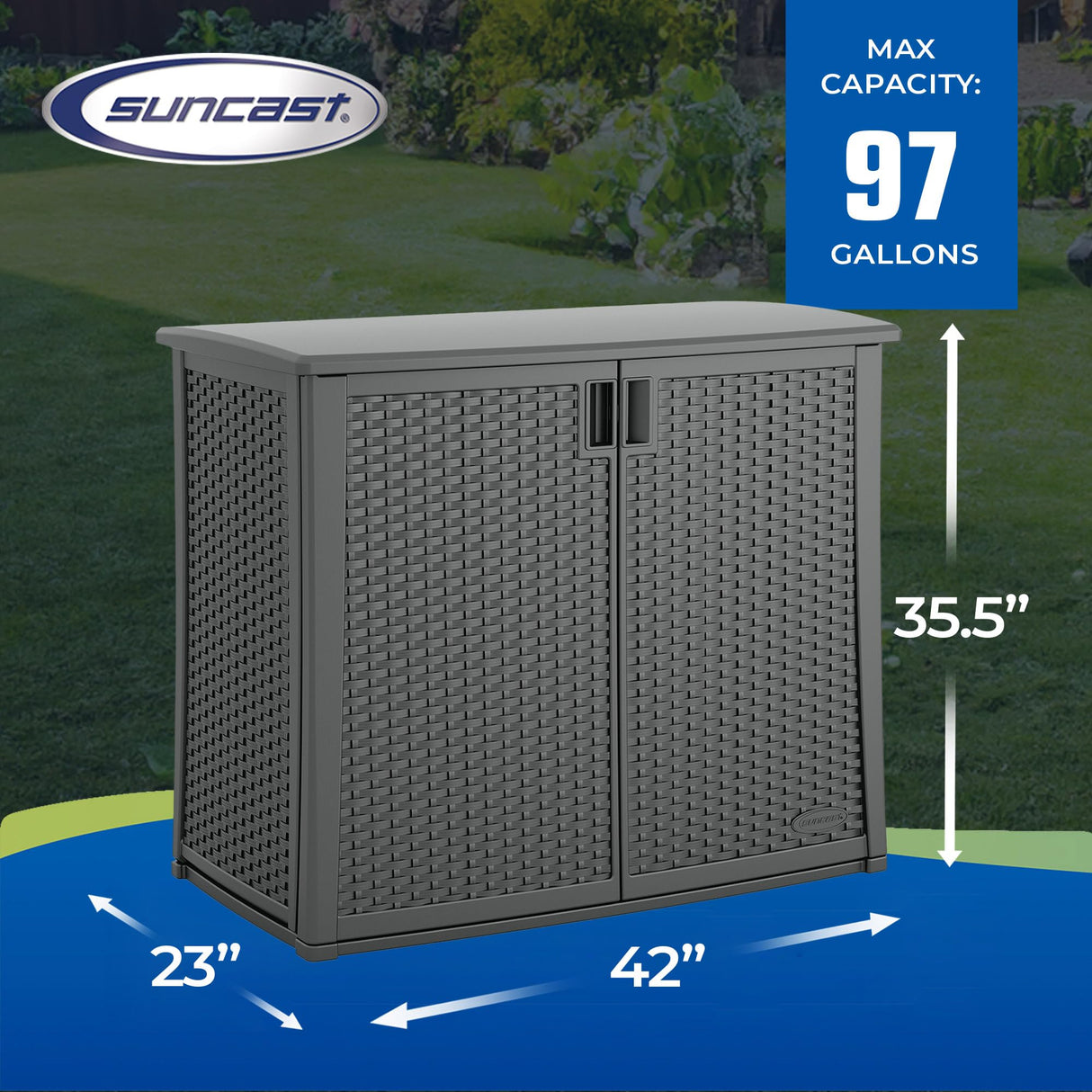 Suncast Outdoor Storage Cabinet with Pad-Lockable Doors, Freestanding Outdoor Patio Storage Unit, 42" W x 23" D x 35.5" H, Cool Gray Suncast